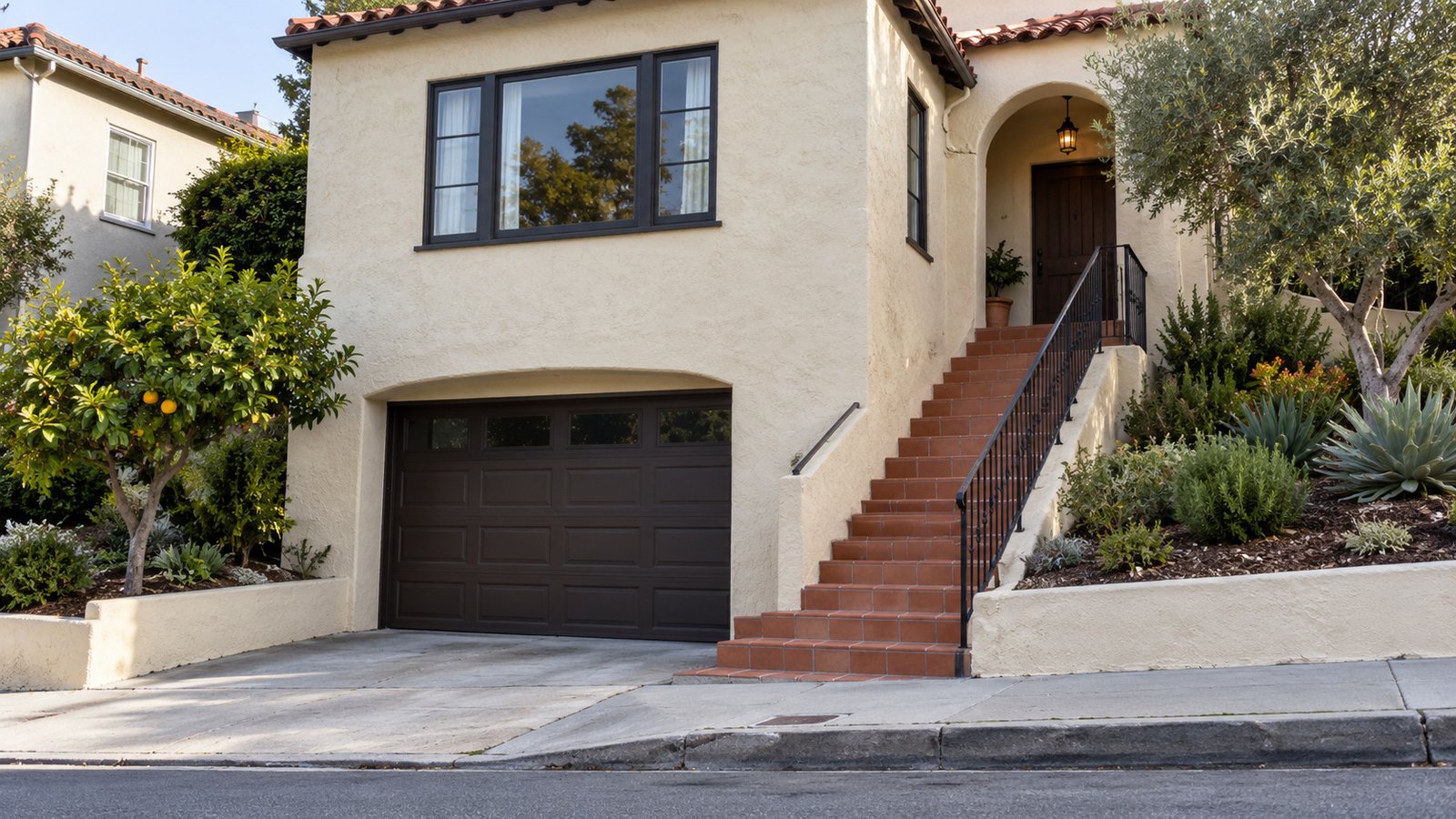 Separate the garage from the raised entrance A stucco house with a street-level garage and a separate terracotta stair leading to the raised front door.