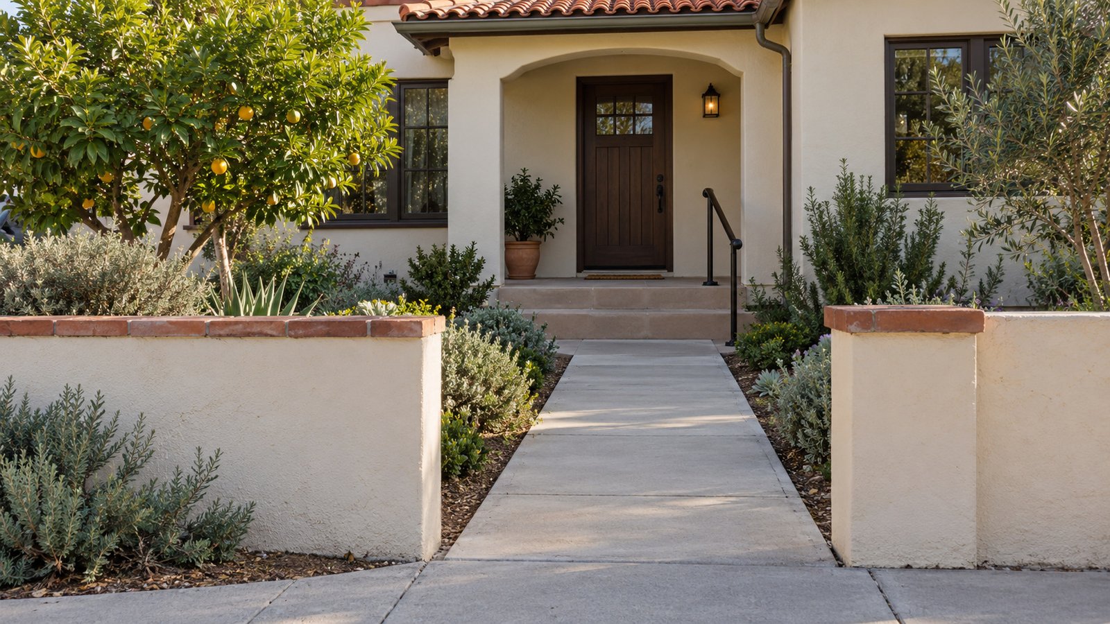 Compare the whole entrance route A concrete path through a low stucco garden wall leading to two porch steps,a handrail and a complete front door.