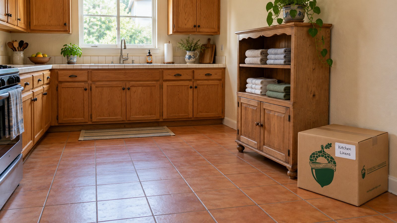 A terracotta-floor kitchen with oak cabinets,a linen hutch and one closed branded carton beside the clear floor corridor.