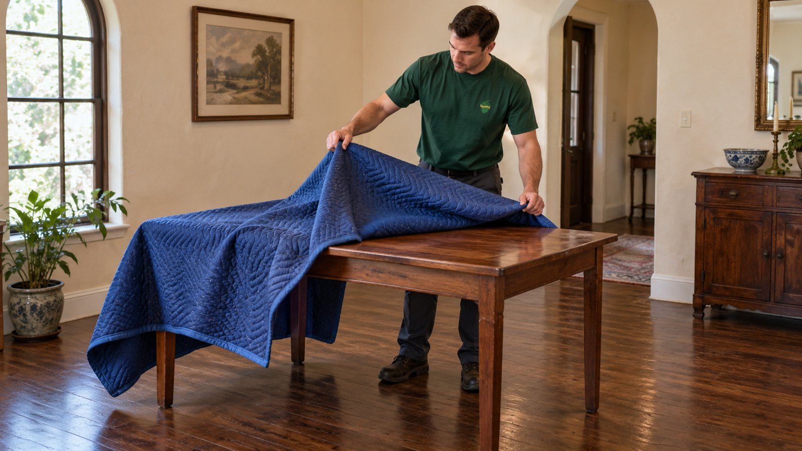 Remove protection after placement A mover lifting a loose blue quilt from a wooden dining table standing on its own legs in a receiving room.