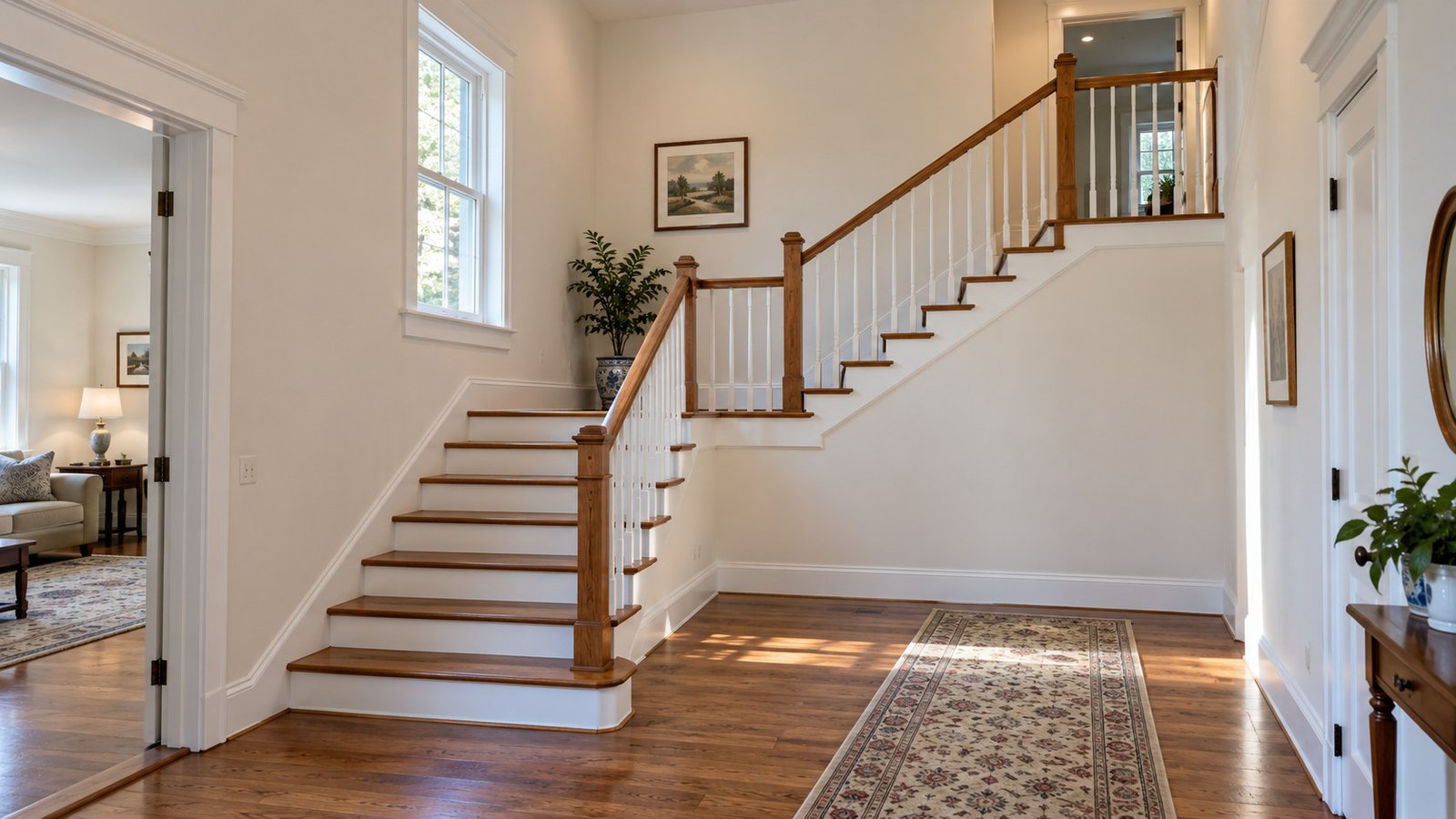 Stair turn and landing in the access route Wooden stairs turn at a landing toward an upper hall in a house