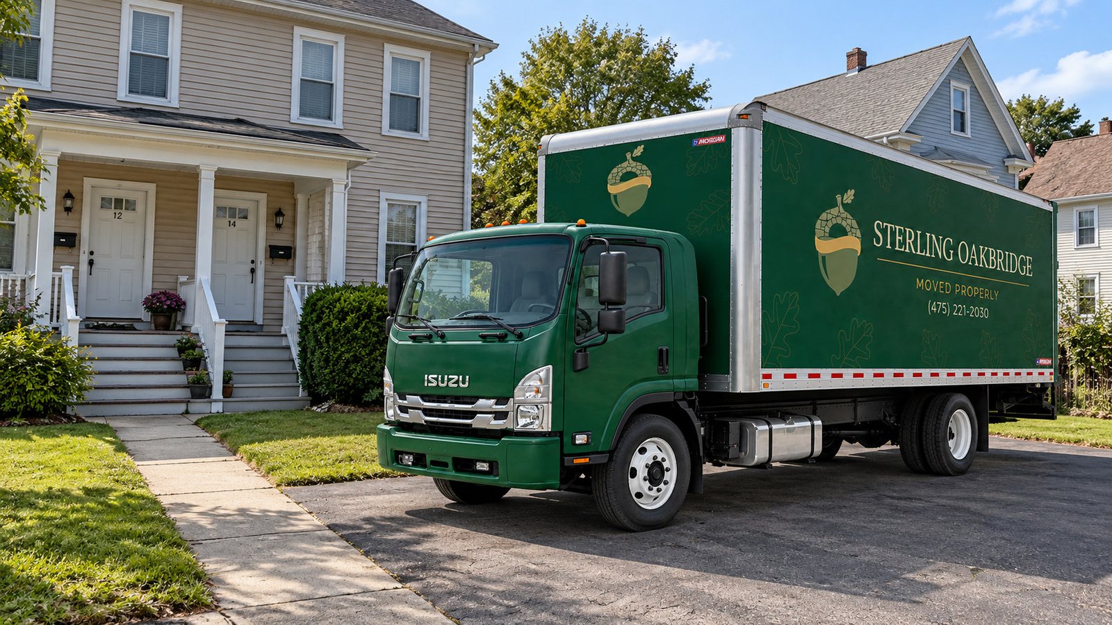 Green moving truck on a paved apron beside a two-entry clapboard home