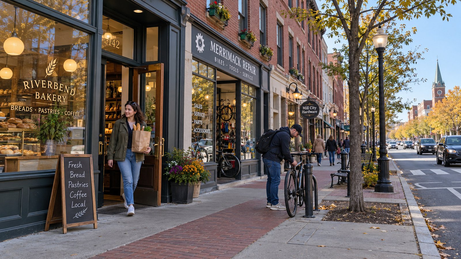 A resident leaves a bakery with groceries while another person attends to a bicycle beside the curb.