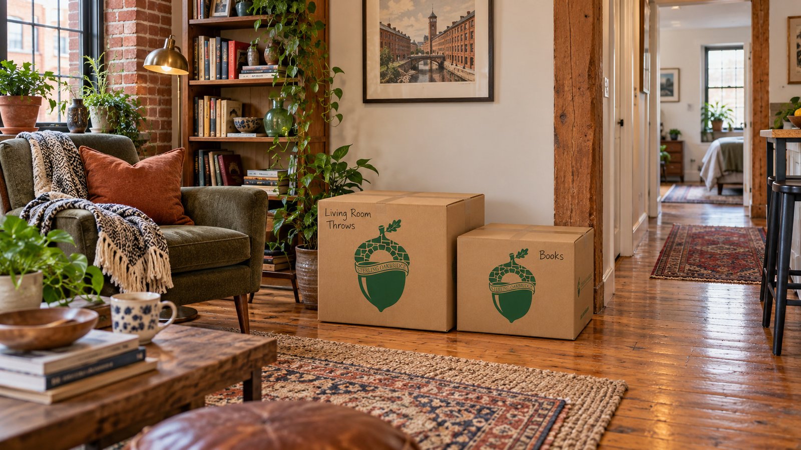 A brick apartment sitting area has mixed furniture, two closed moving cartons beside the wall and a clear hall to a bedroom.