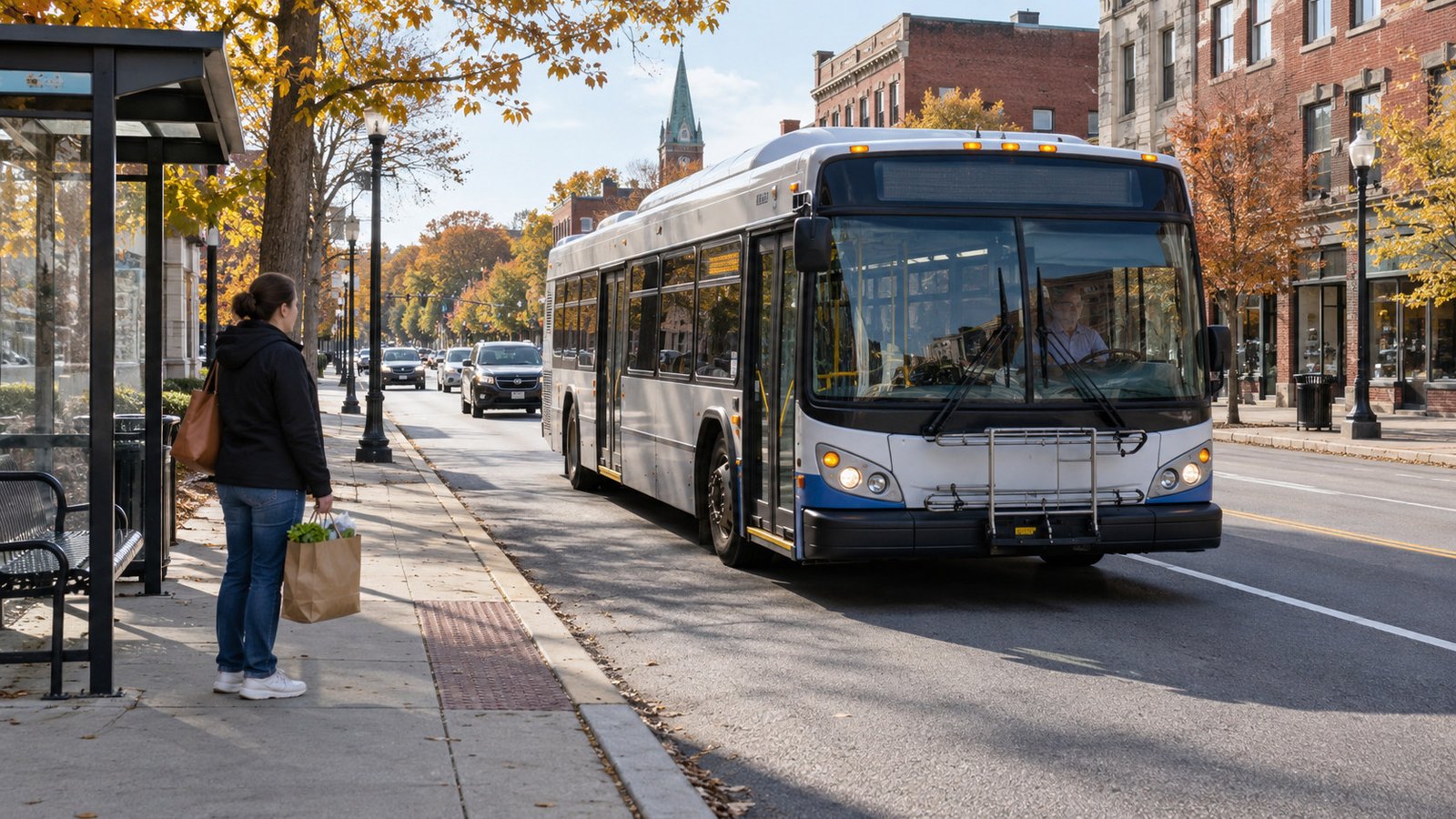 A person with groceries waits beside a shelter as an unmarked city bus approaches the curbside stop.