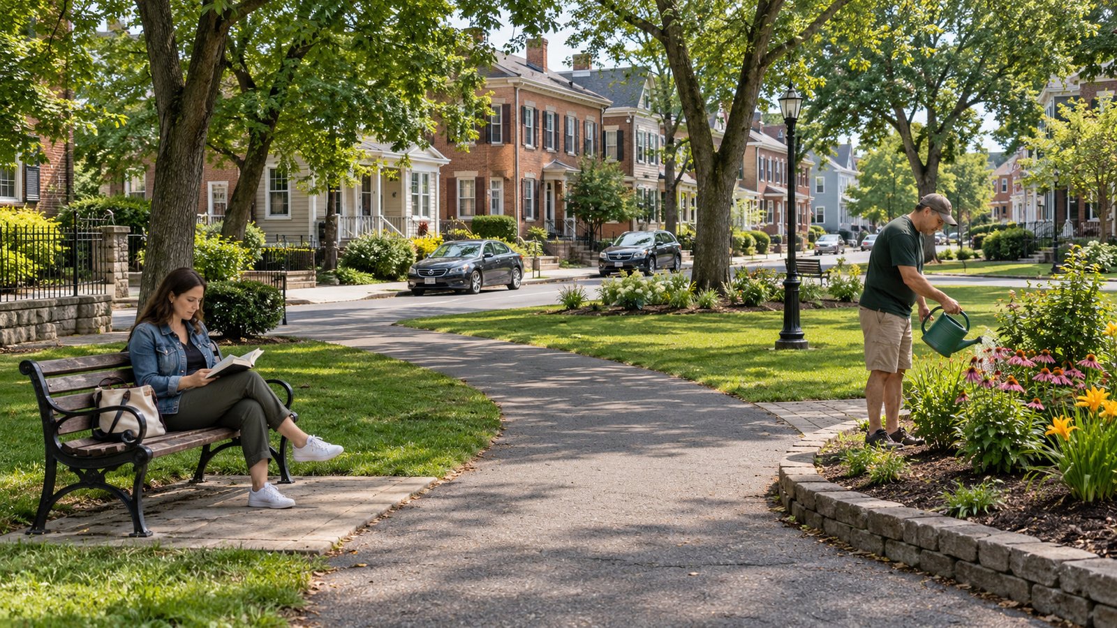A resident reads on a bench while another tends a flower bed beside a path and residential street.