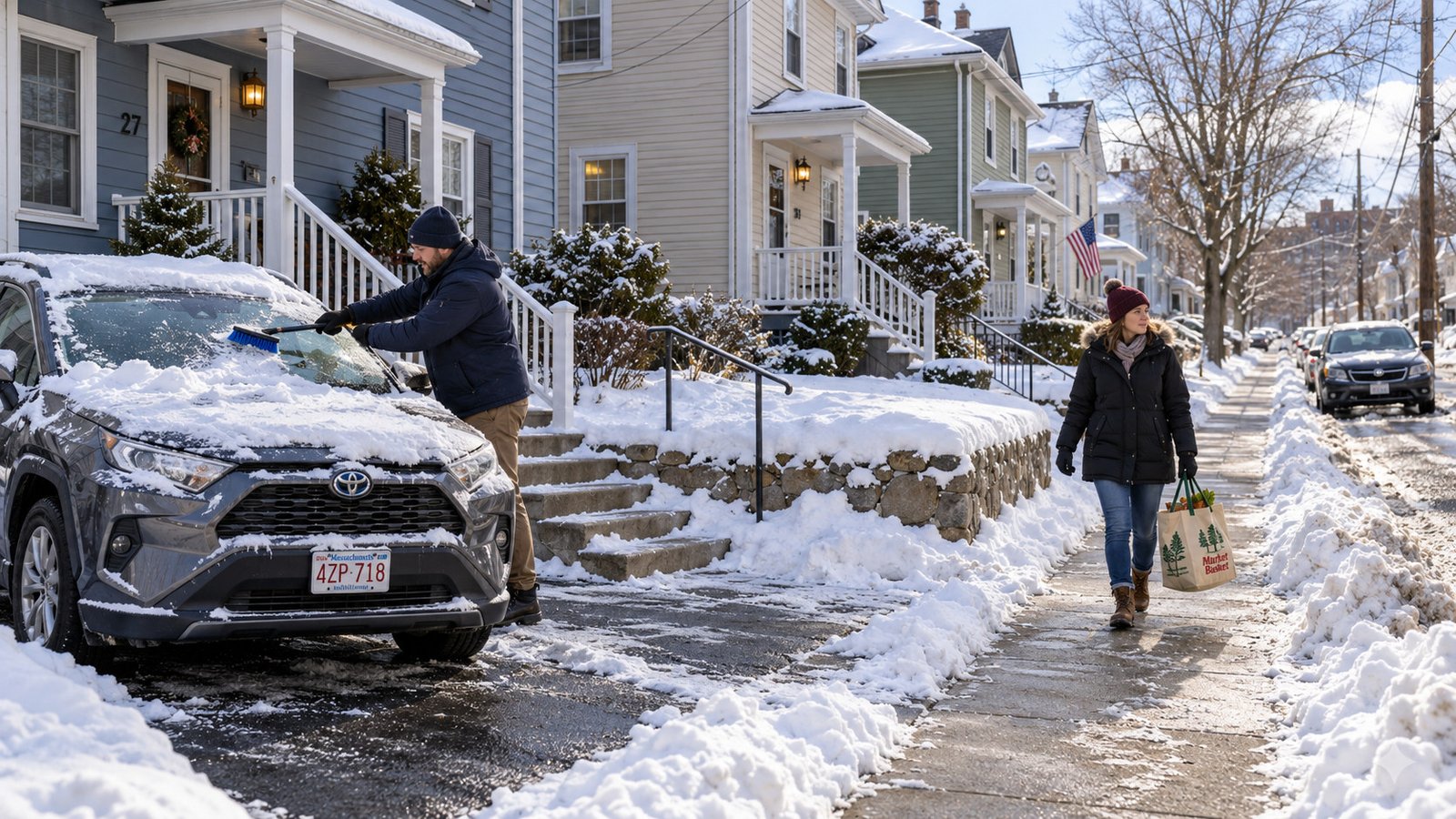 A resident brushes snow from a car windshield in a driveway while a shopper walks along a separate cleared sidewalk.