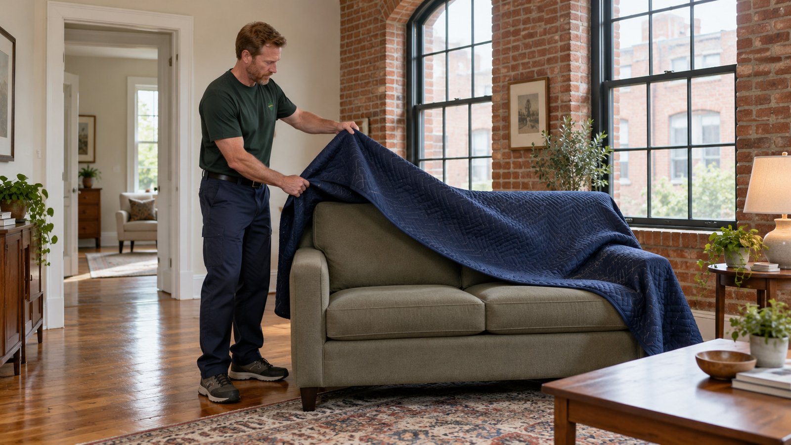 Furniture unwrapping after placement Mover lifts a loose quilt from a sofa in a brick apartment living room