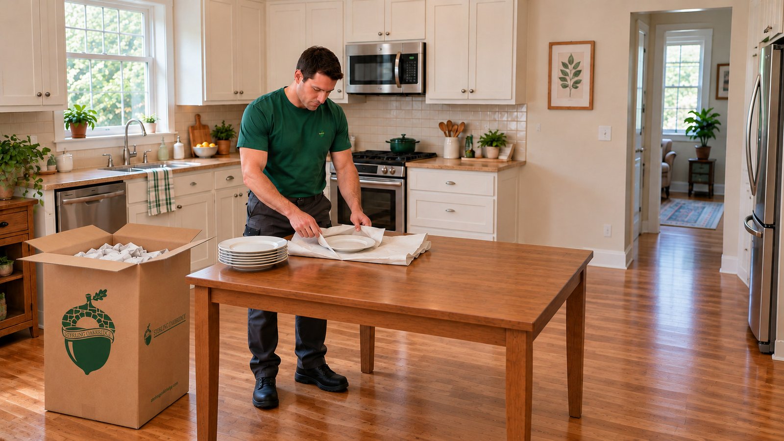 Supported dish packing in an ordinary kitchen Mover wraps a plate in paper beside a tall open dish carton in a kitchen