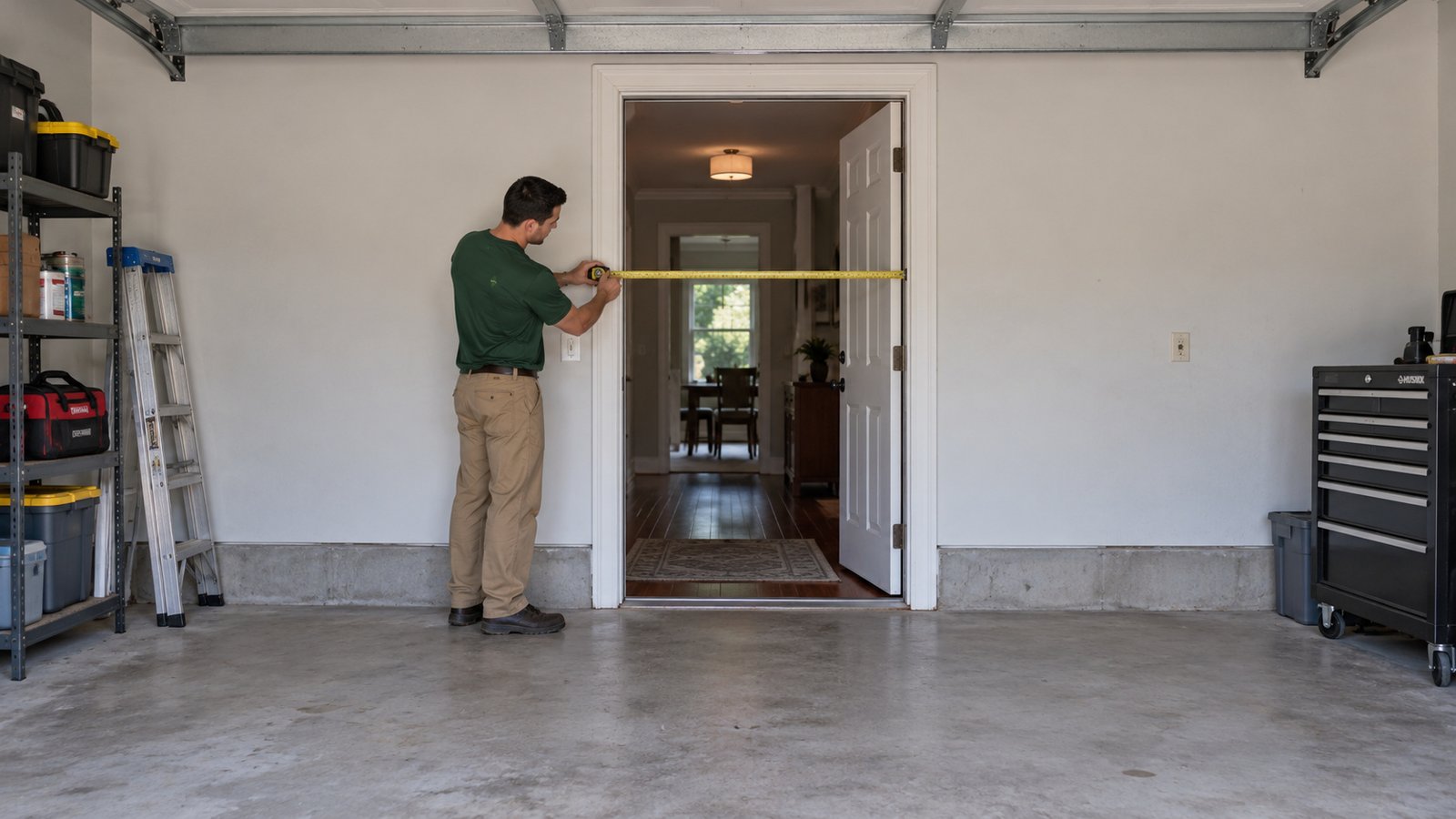 Measure the internal opening A male mover in a green shirt measuring a garage-to-house doorway with a horizontal tape.