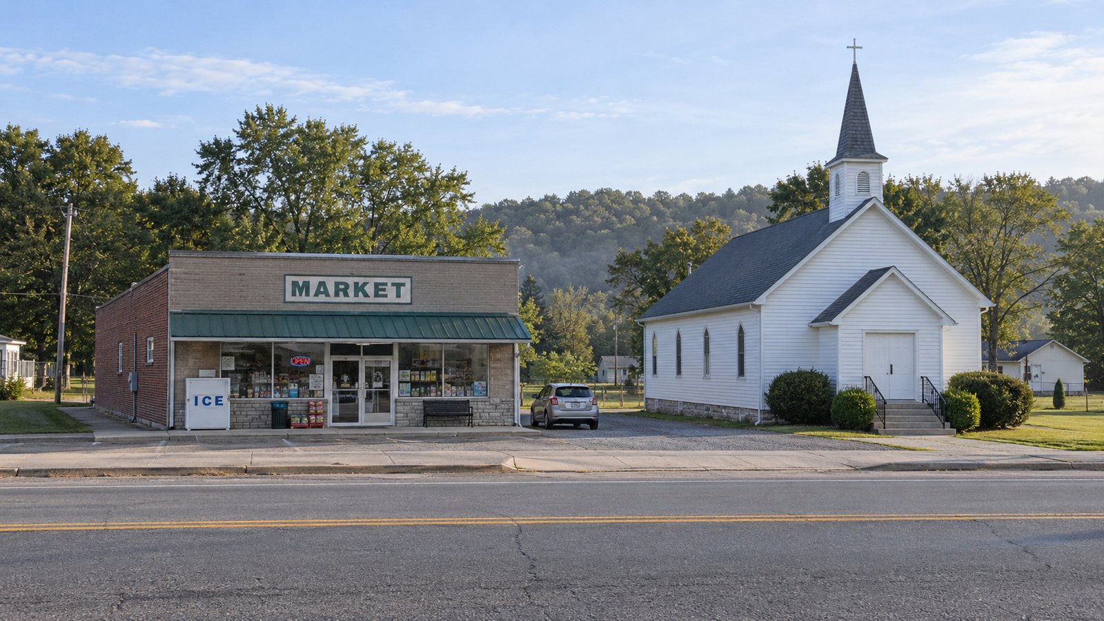 Compare the everyday destinations A complete small brick market, white church and parked car beside a connected sidewalk and road.