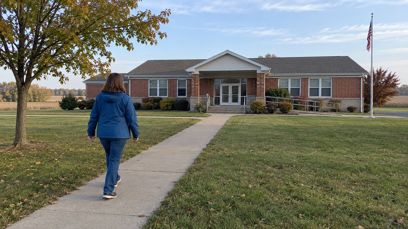Build the everyday loop A woman walking along a clear path toward a low brick community building.