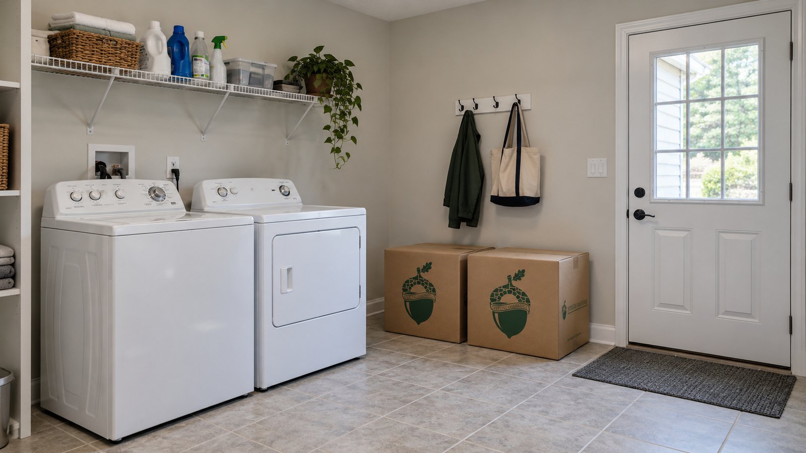 Keep the receiving room usable A complete washer and dryer with two closed kraft cartons against the wall of a laundry room.
