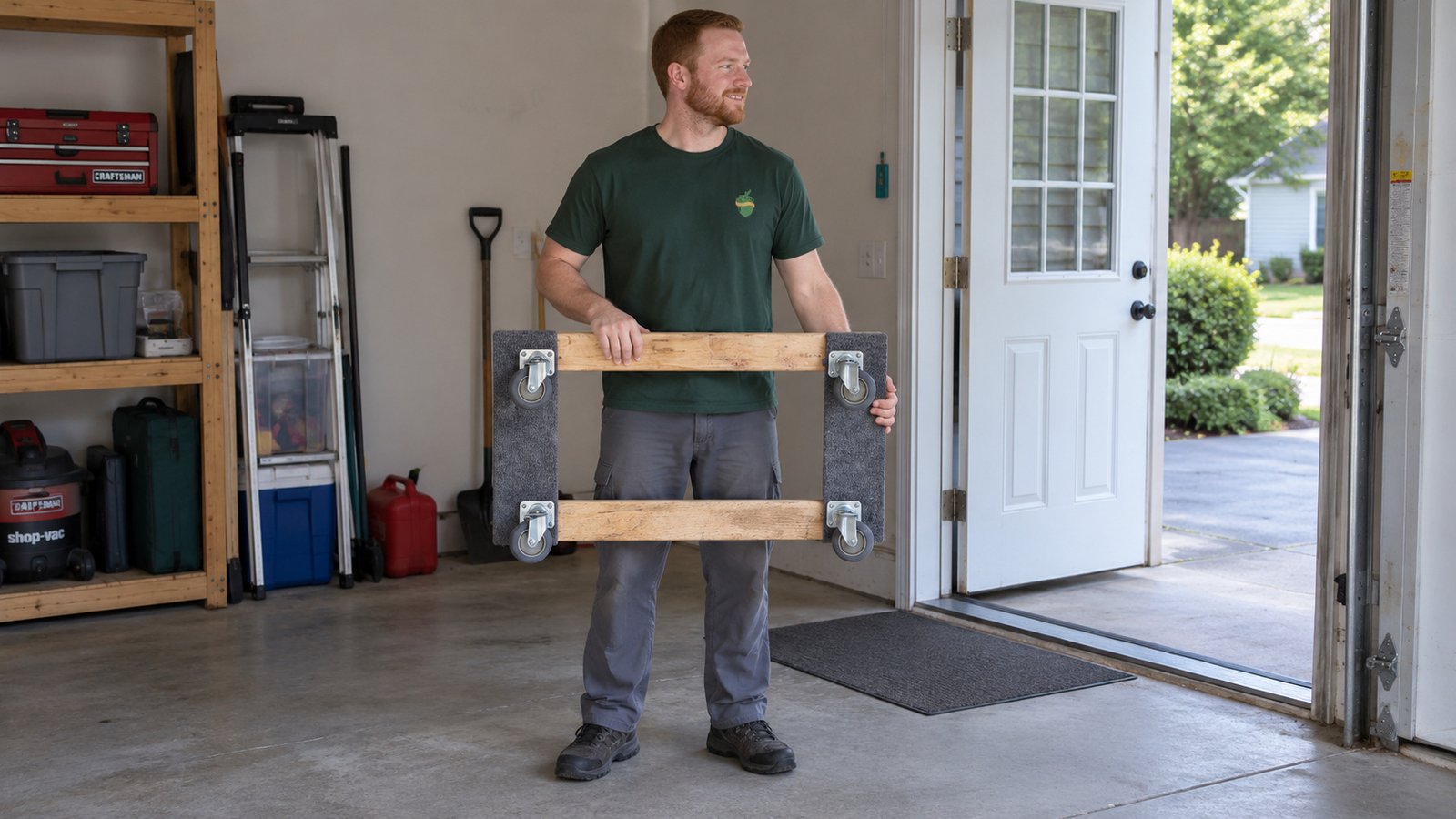 Prepare the equipment for the route A male mover holding an empty open-frame wooden furniture dolly upright in a garage.