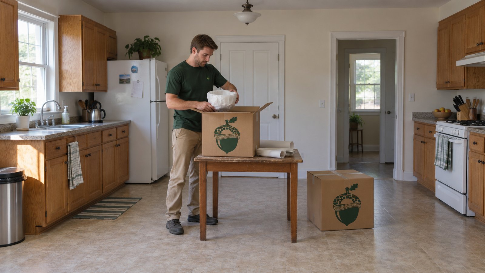 Prepare the kitchen contents A male packer holding a paper-wrapped bowl over an open kraft carton on a wooden kitchen table.