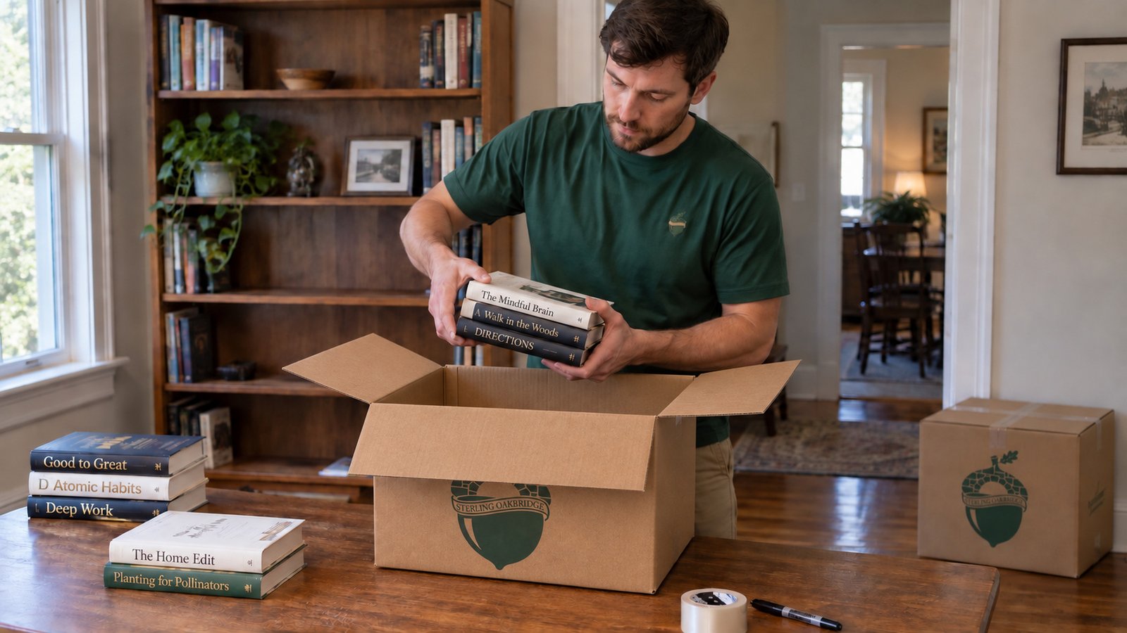Mover lowers three books toward a small open branded carton with complete outward-folded flaps on a wooden table.