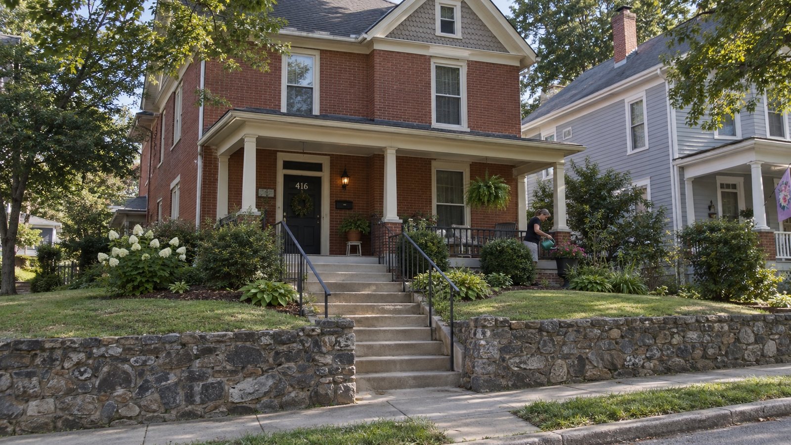Raised red-brick home with a porch, continuous entrance steps, a retaining wall and a resident tending a plant.
