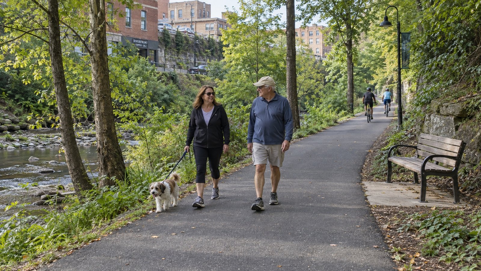 Two people walking a leashed dog on a paved creekside path, with cyclists farther away.