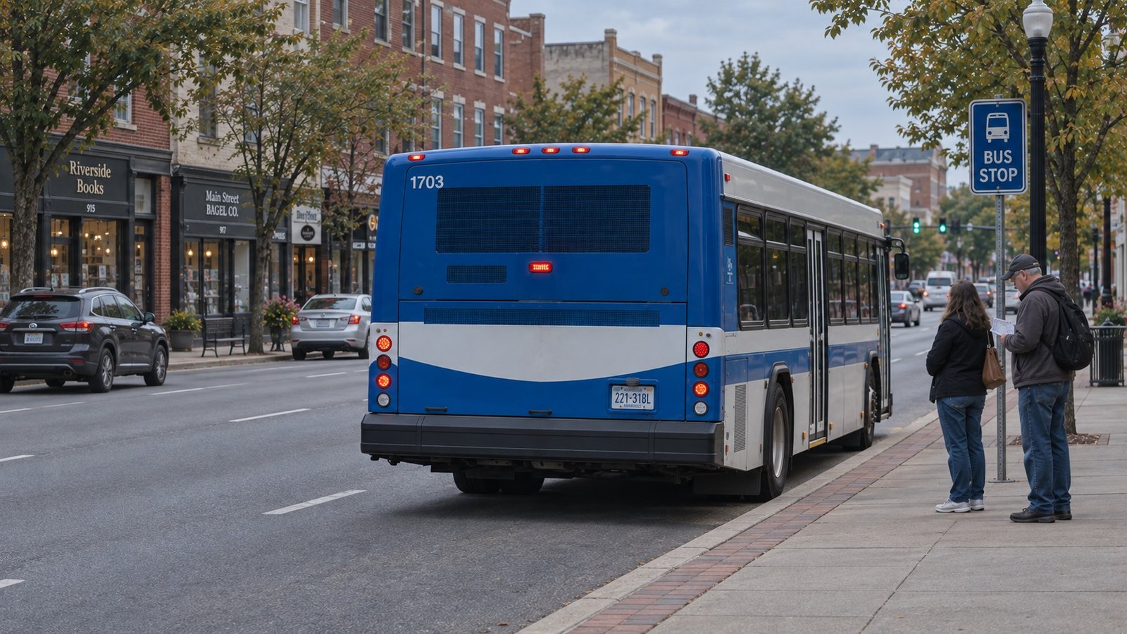 Blue-and-white city bus beside a curbside stop, with two people waiting on the passenger-door side.