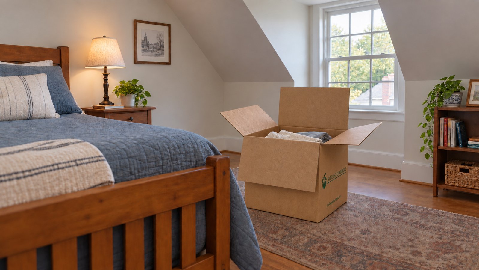 Open medium carton of linen with complete full-length flaps stands beside a wooden bed under a dormer window.