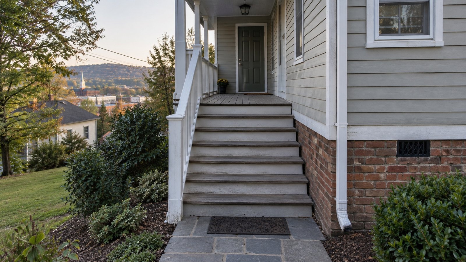 Side porch stairs above the hillside Complete exterior stair leading from a paved walk to a raised side porch and closed door.
