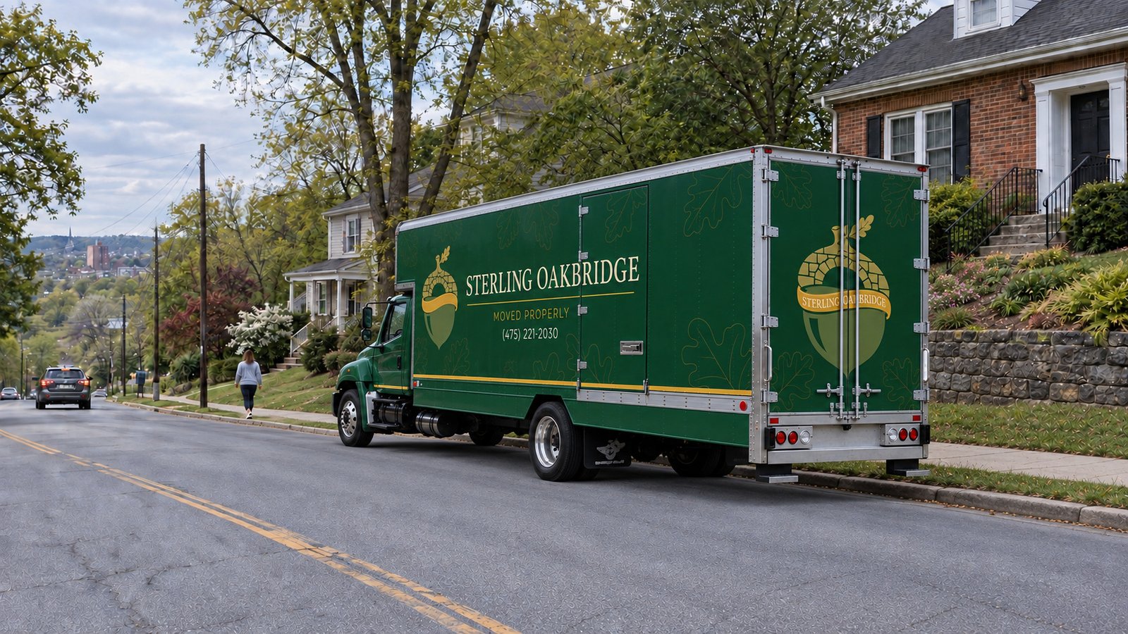 Green Sterling Oakbridge Hino moving truck parked parallel to a hillside curb, with the rear nearer the camera and the cab facing downhill.