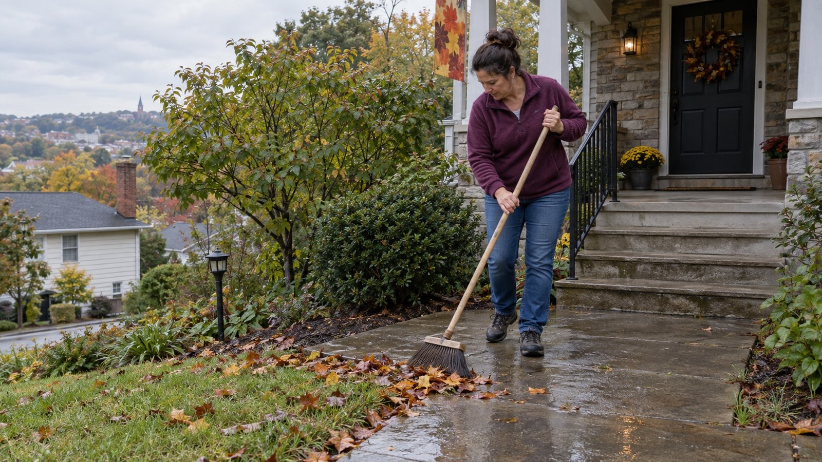 Homeowner sweeping wet fallen leaves from a paved approach beside the porch steps.