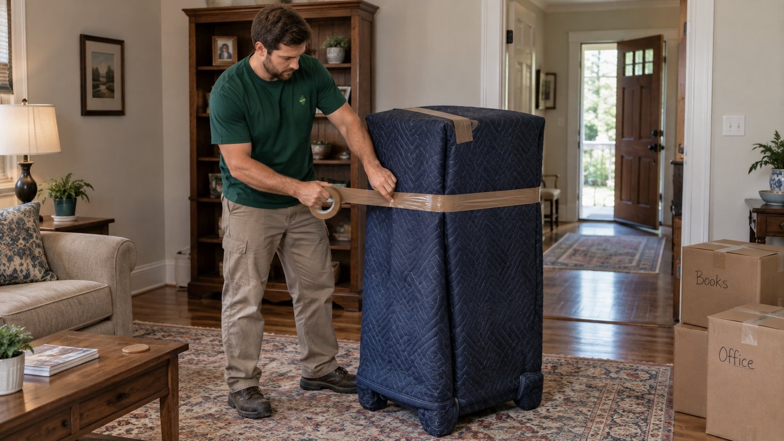 Mover applying brown packing tape over protective blankets around an upright furniture item.