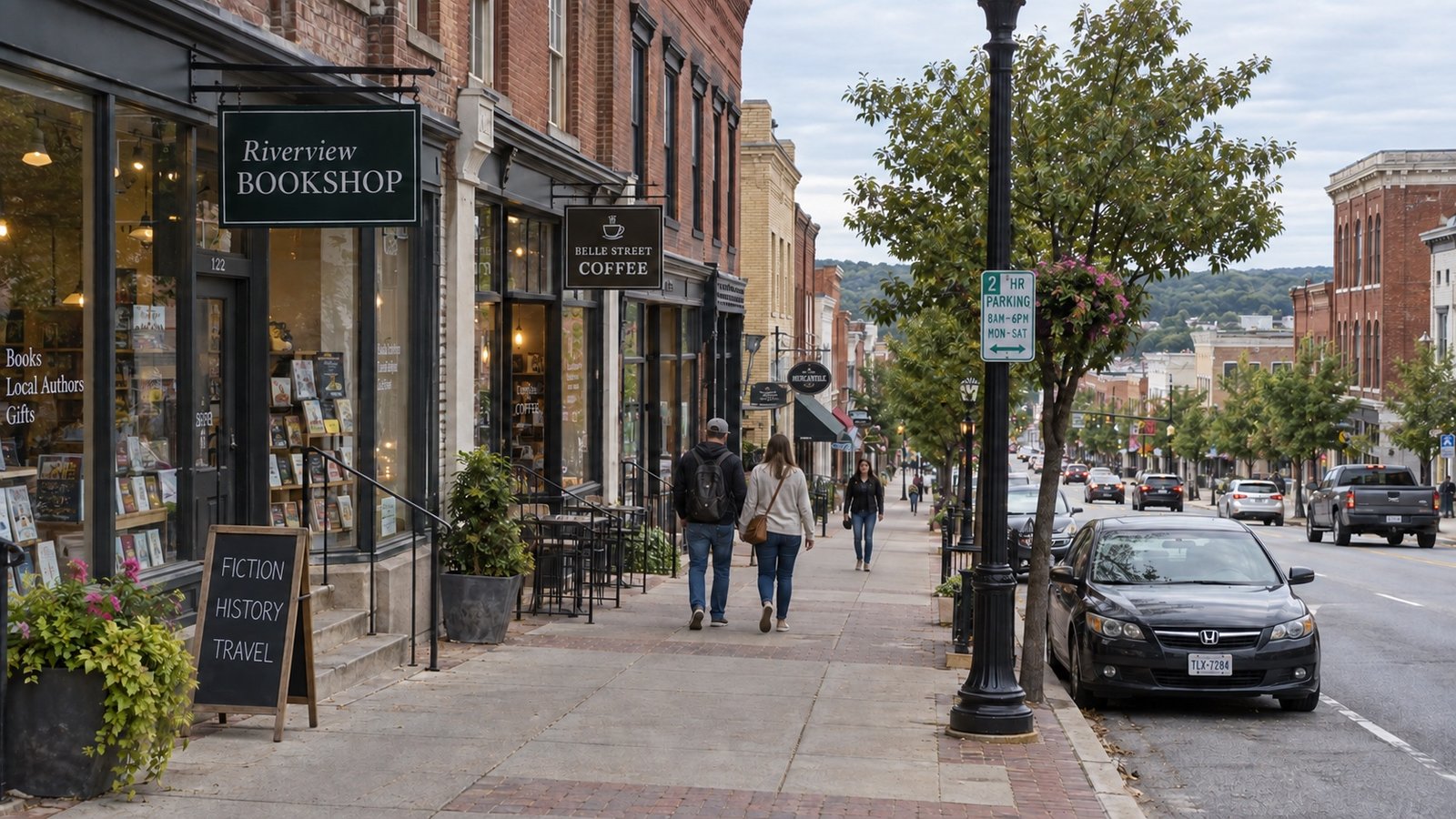 People walking along a sloping downtown sidewalk beside brick shop fronts and parked cars.