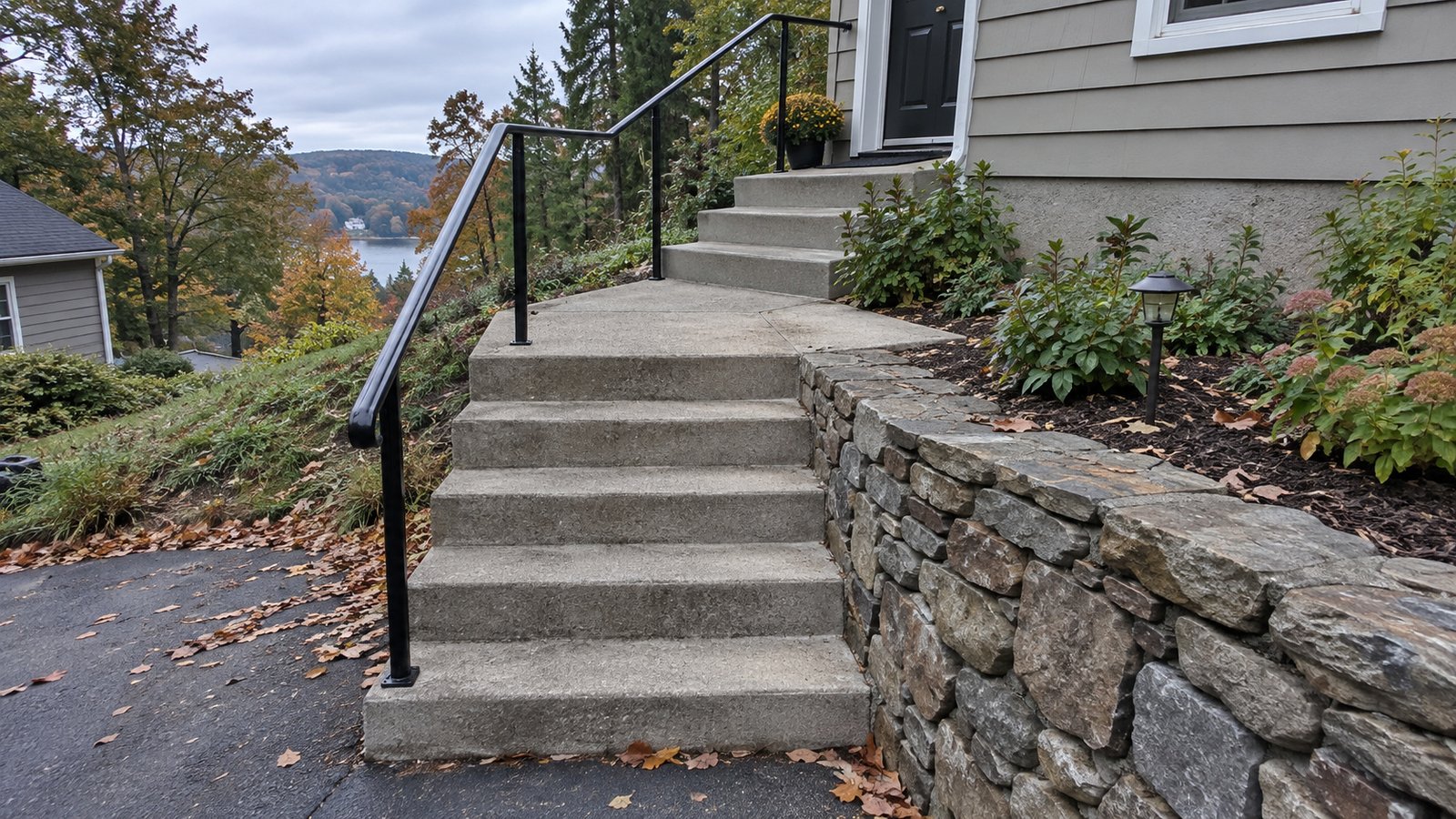 Measuring the complete entrance route Concrete entrance stairs with a broad turning landing beside a stone retaining wall