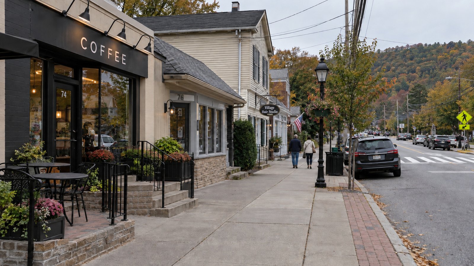 Village sidewalk beside a cafe, small shops and parked cars