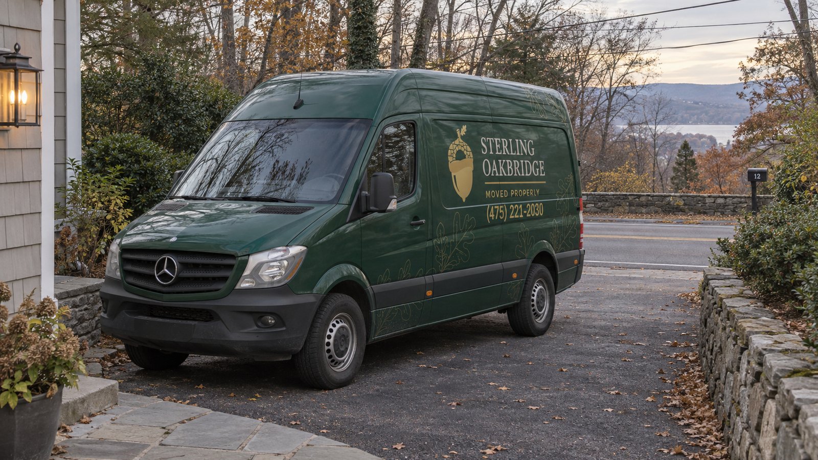 Reviewing a private vehicle position Sterling Oakbridge Sprinter van parked in a paved pull-in beside a house