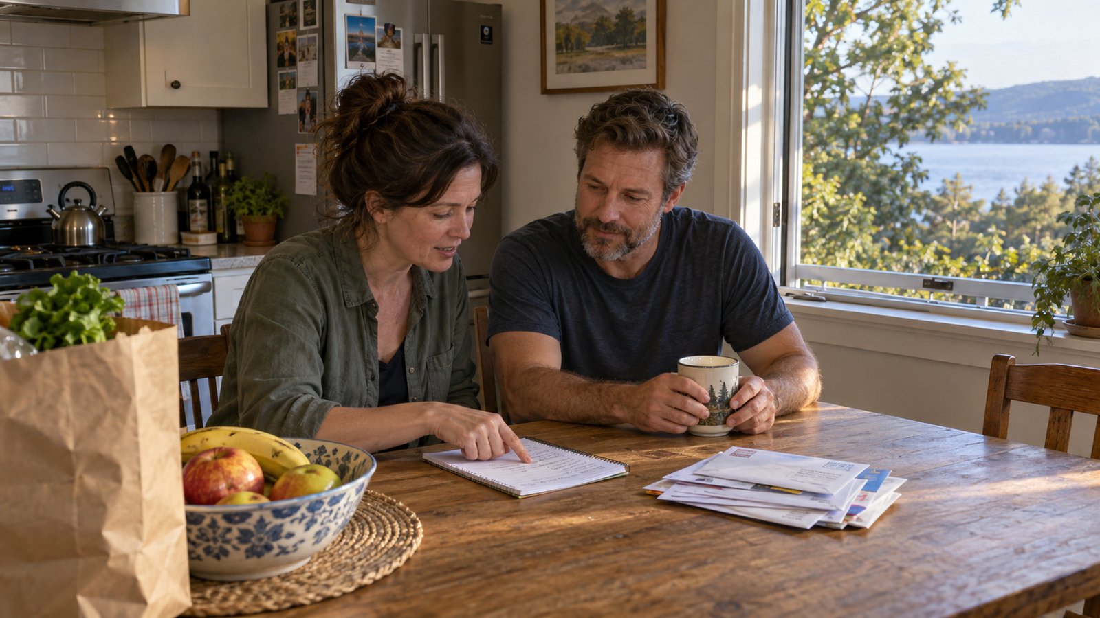 Two adults reviewing a household list at a kitchen table beside groceries and mail