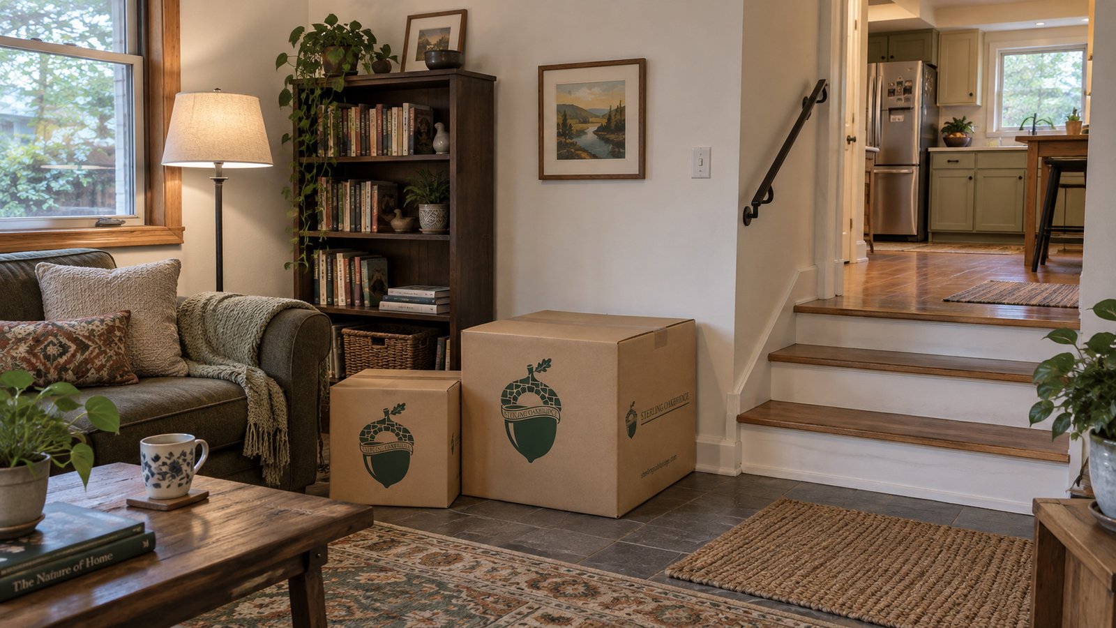 Lower sitting room with three steps to a kitchen and two kraft moving cartons