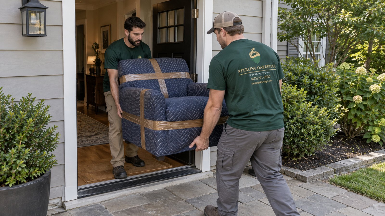 Carrying protected furniture Two Sterling Oakbridge movers carrying a blanket-protected armchair through an open doorway