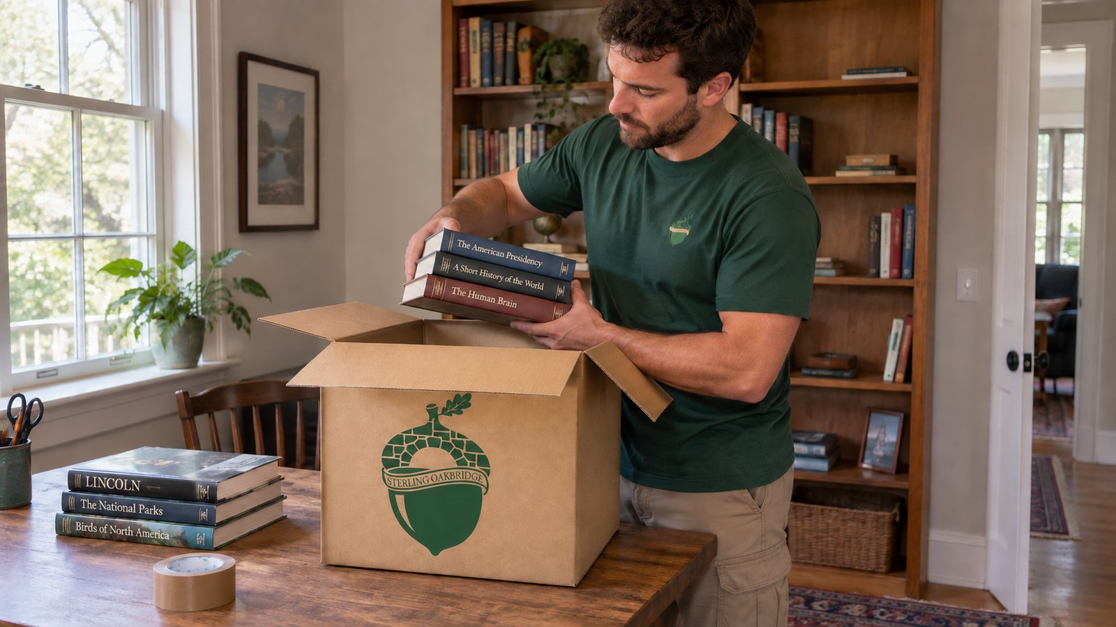 Packing a home library Sterling Oakbridge mover lowering a stack of books into a kraft book carton