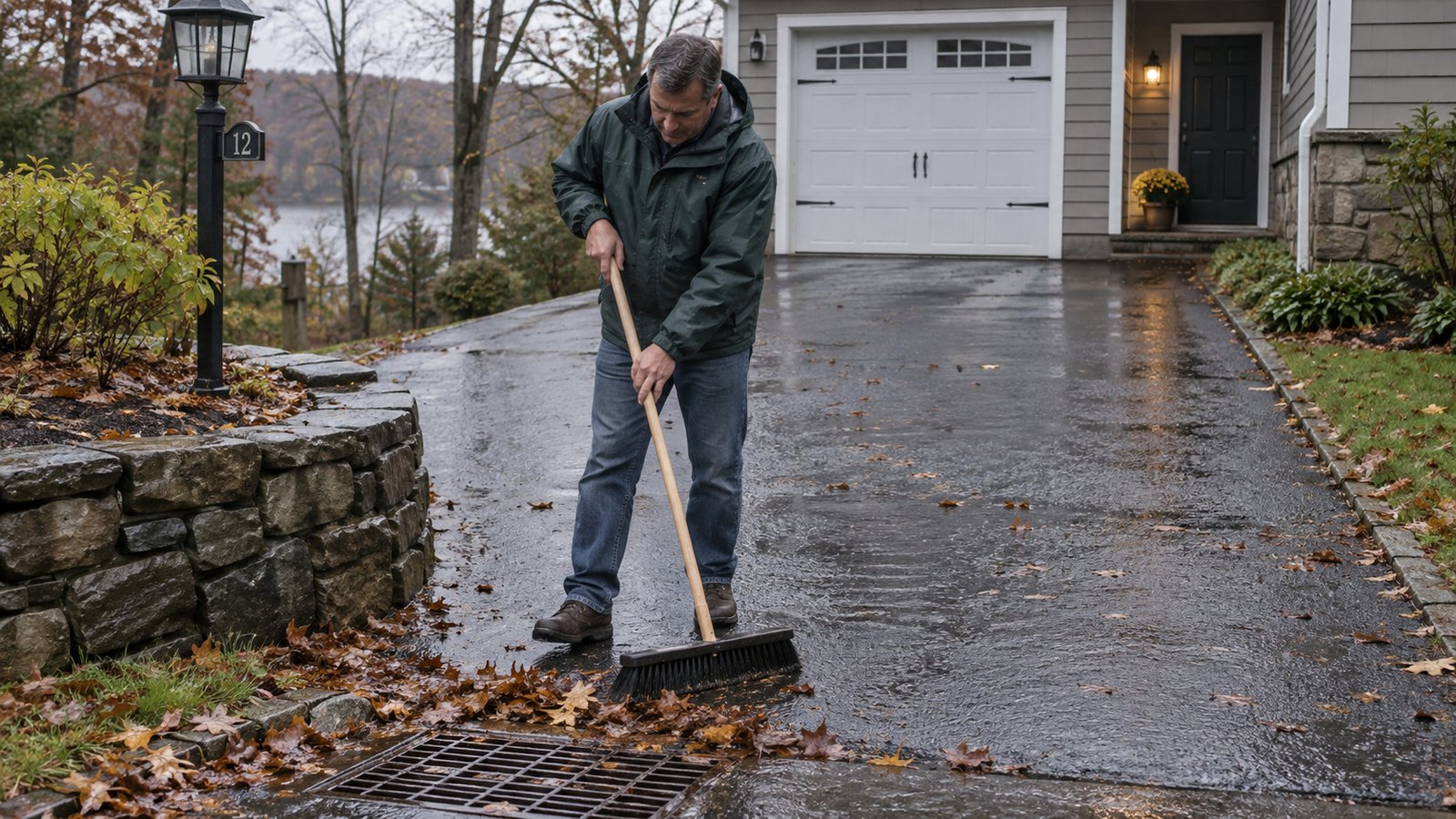 Homeowner sweeping wet leaves away from a driveway drain
