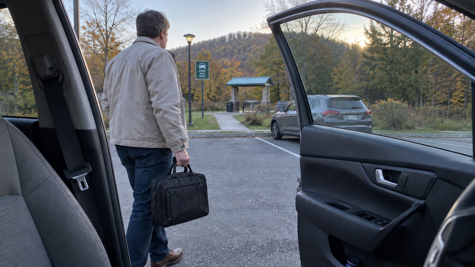 Commuter beside an open car door at a park-and-ride lot