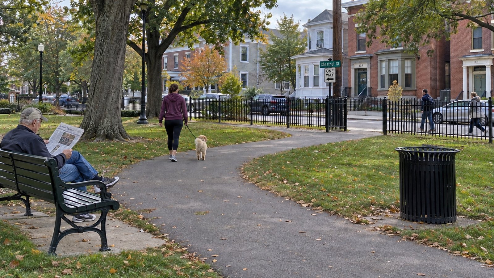 Dog walker and seated reader on a park path beside residential streets.