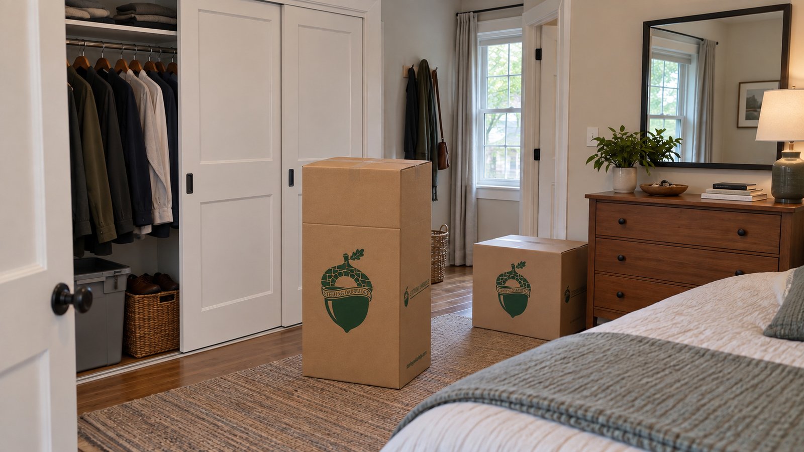 Closed Sterling Oakbridge wardrobe and medium cartons stand in a bedroom with a partly open sliding-door closet and a wooden dresser.