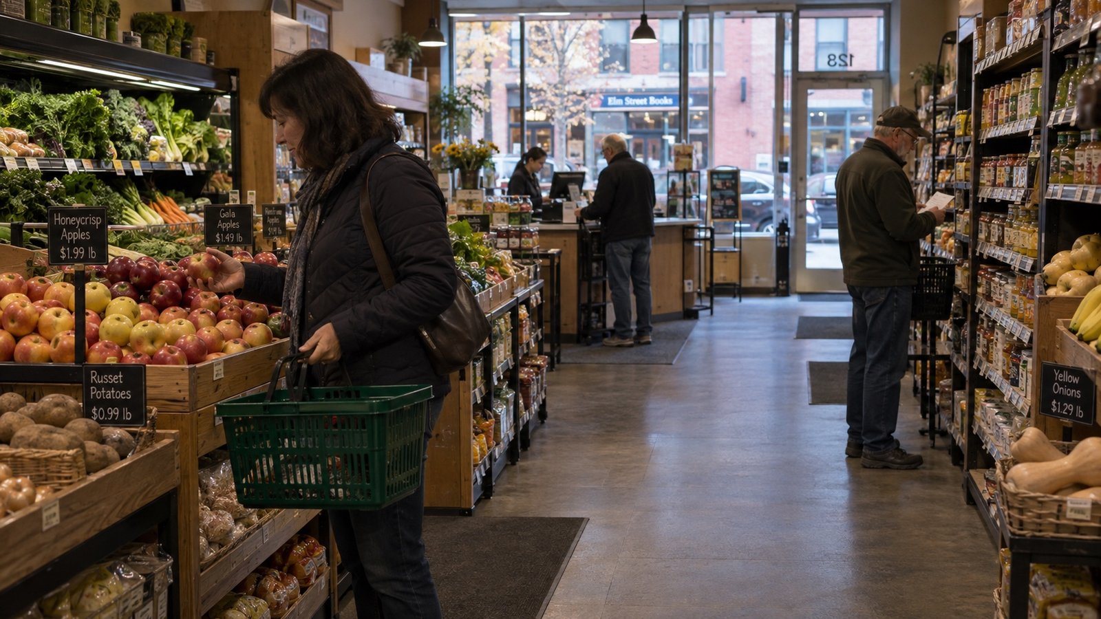 Shopper selecting an apple in a neighborhood grocery, with another person checking a list.