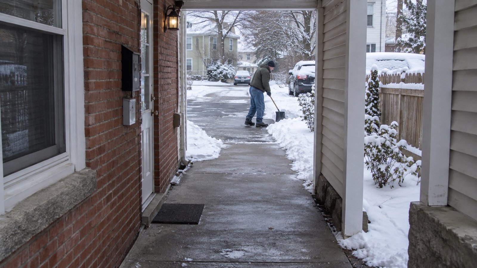 Covered side passage and cleared private walk leading toward a person shoveling beside a driveway.