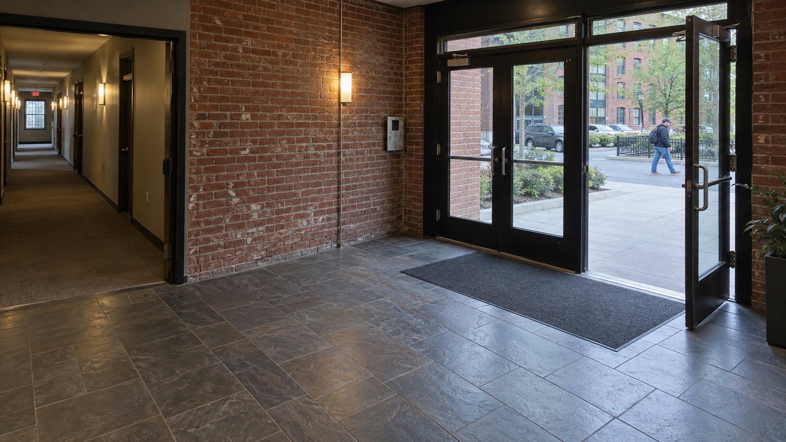 Glass doors at an apartment vestibule Brick common lobby with an open glazed entrance and a corridor leading away to the side.