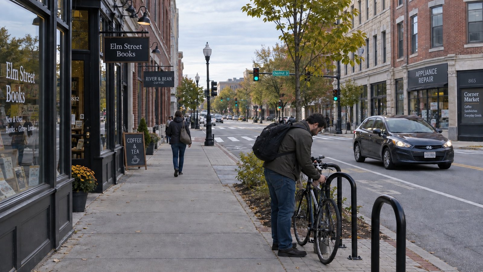 Commuter unlocking a bicycle beside a clear sidewalk, with pedestrians and street traffic beyond.