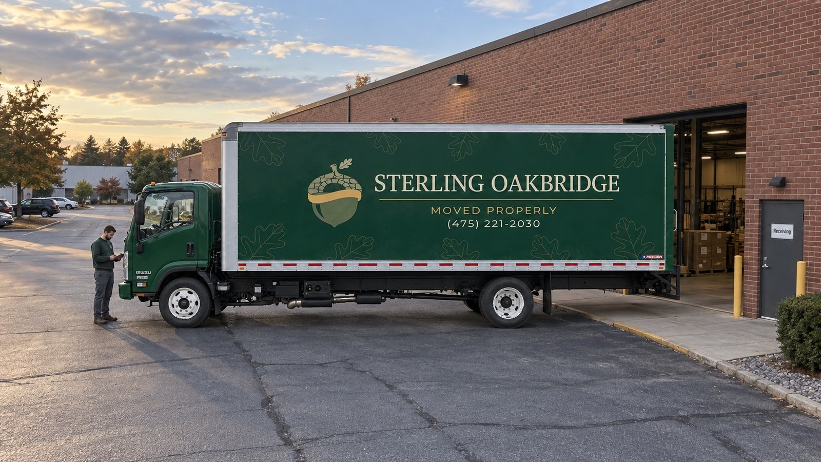 Moving truck beside a warehouse receiving bay Green Sterling Oakbridge box truck in a commercial loading court, with a man checking a clipboard beside the cab.