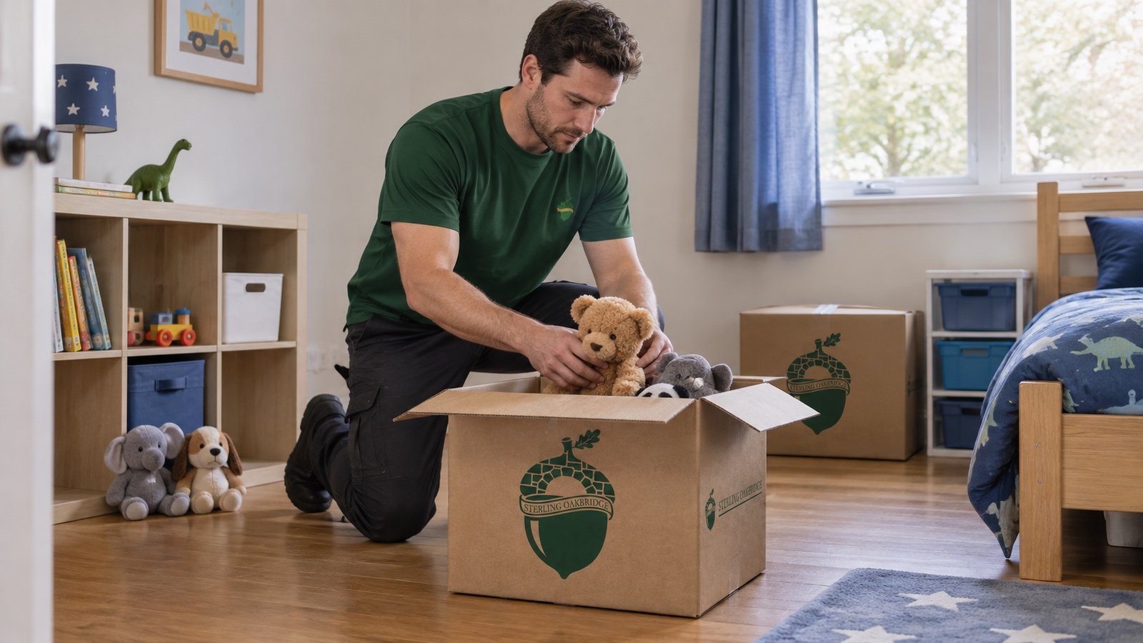 Packing soft toys in a child bedroom Mover packing soft toys into an open branded carton in a child’s bedroom.