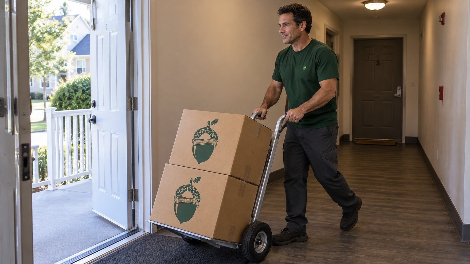 Two cartons on a hand truck at the doorway Mover pushing two closed branded cartons on a two-wheel hand truck toward an open entrance.