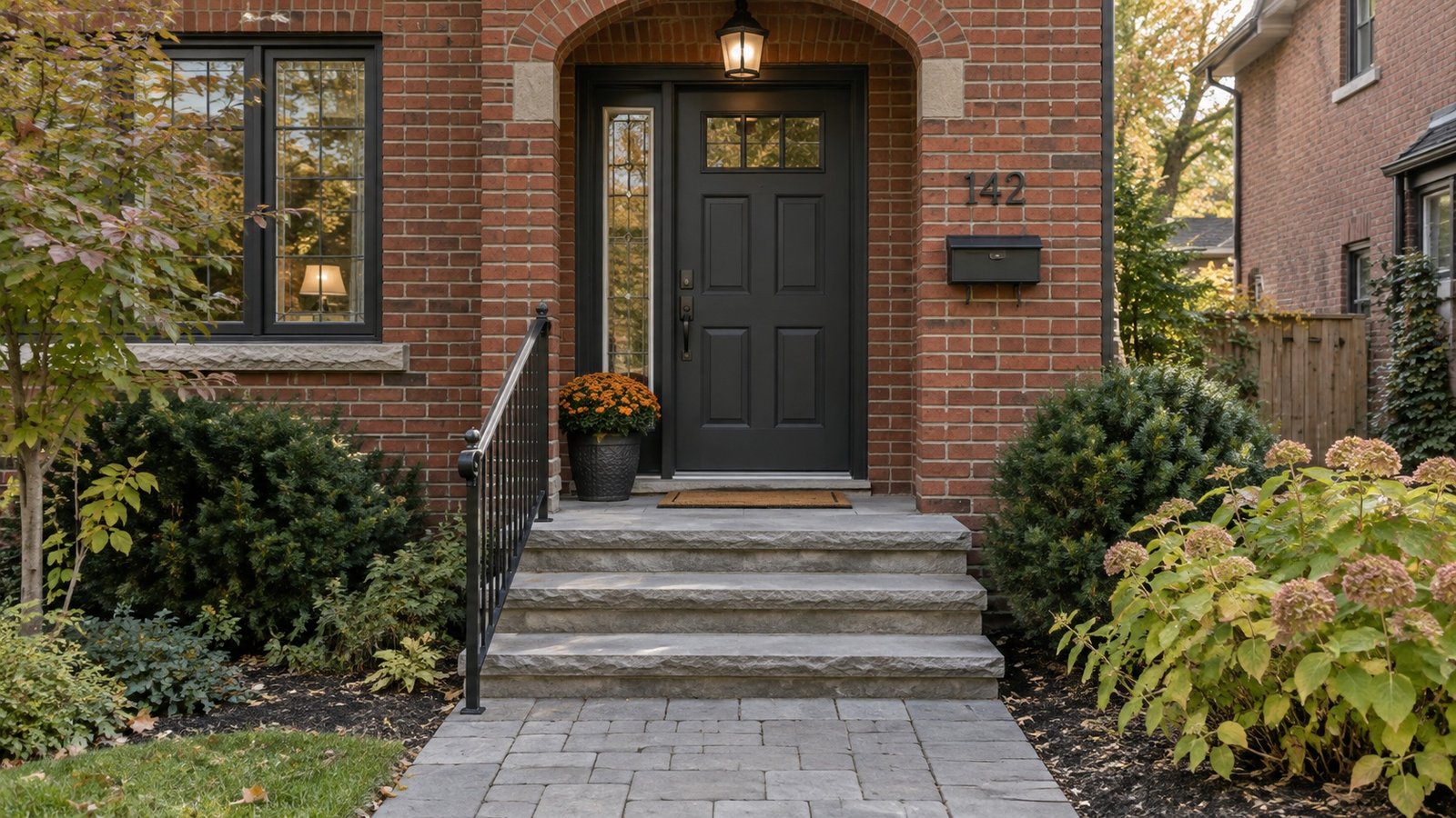 Brick house entrance with three stone steps, an iron rail and a charcoal door