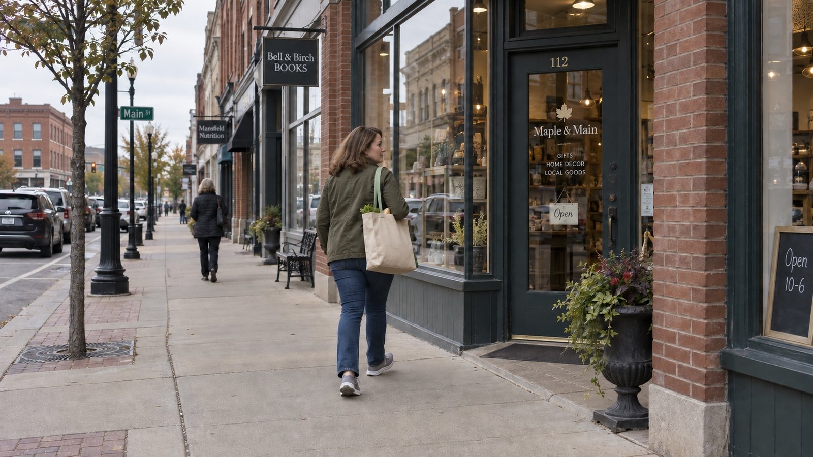 Woman with a grocery tote walking past brick storefronts