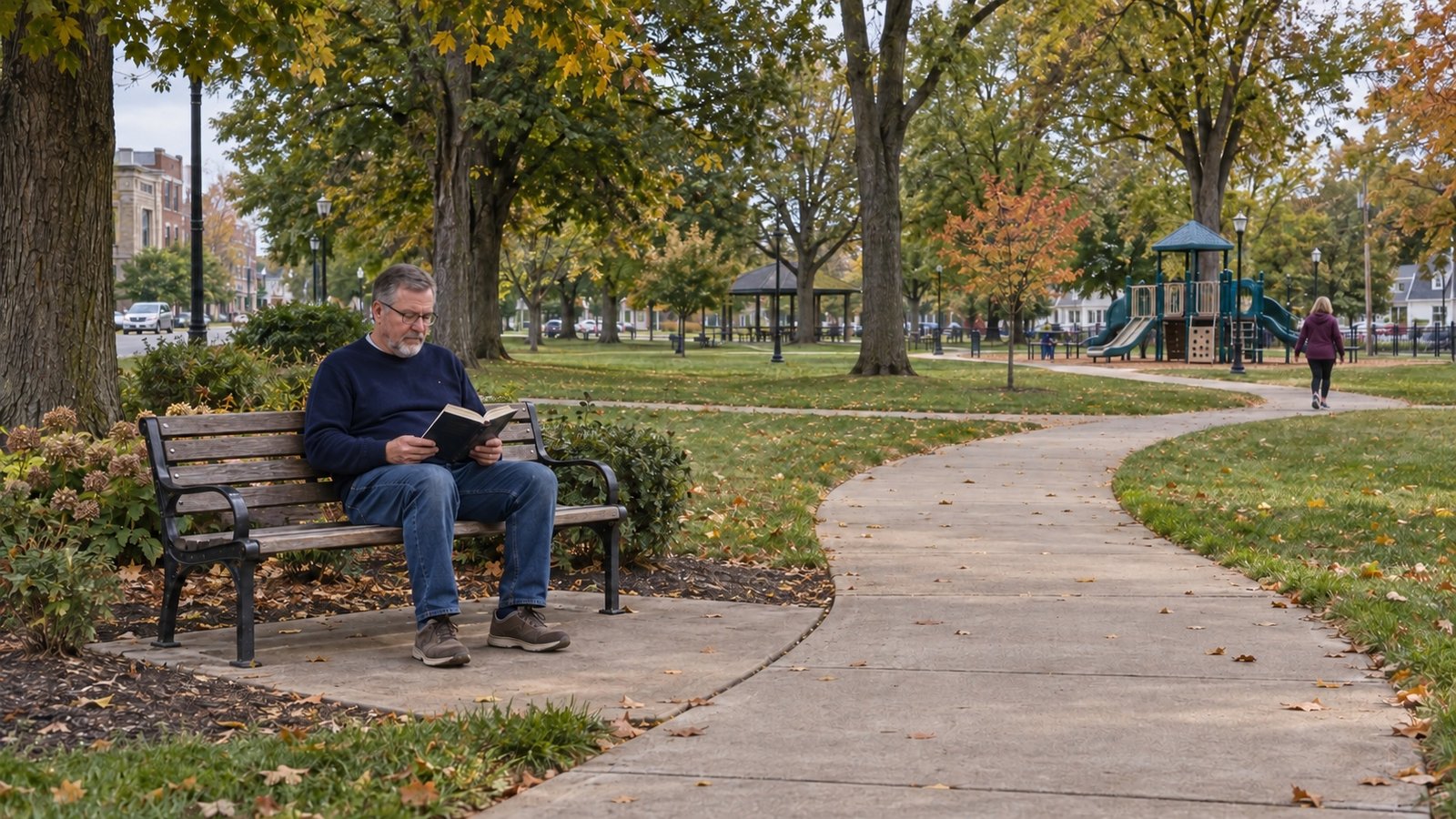 Man reading on a park bench with a path and playground nearby